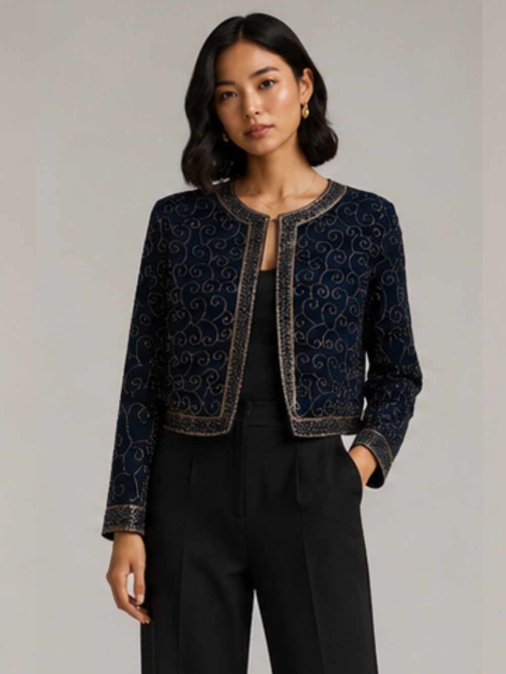 Vintage JMD New York Beaded Black Open Front Blazer Cardigan Size L
